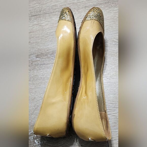 Jimmy Choo Whirl Ballet Flats Tan Beige  Glitter Cap Toe Patent Leather Sz 35.5 - Picture 7 of 11
